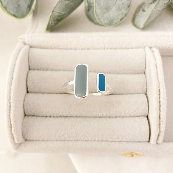 925 Sterling Silver Bar Ring Minimalist Dainty Bar Ring Blue Double Bar Ring - Picture 4 of 9